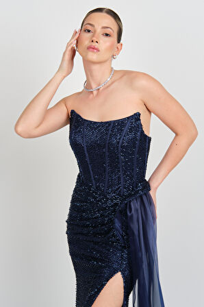 Eflin Kadın Straplez Korsajlı Full Taş İşlemeli Uzun Abiye Elbise 5507 Lacivert