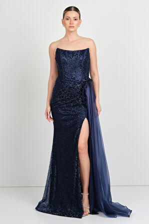 Eflin Kadın Straplez Korsajlı Full Taş İşlemeli Uzun Abiye Elbise 5507 Lacivert