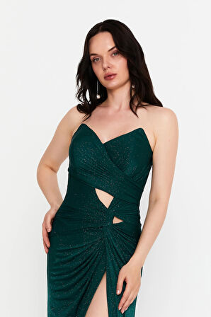 Şeref Vural Kadın Straplez Derin Yırtmaçlı Abiye Elbise 8301 Yeşil