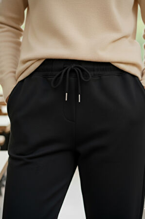 Sy & Black Kadın Çelik Örgü Beli Lastikli ve Bağcıklı Geniş Beden Aralıklı Jogger Pantolon 25P-03 Siyah