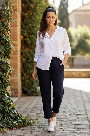 Sy & Black Kadın Çelik Örgü Beli Lastikli ve Bağcıklı Geniş Beden Aralıklı Jogger Pantolon 25P-03 Lacivert