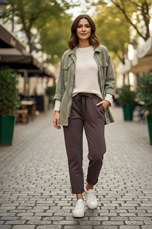 Sy & Black Kadın Çelik Örgü Beli Lastikli ve Bağcıklı Geniş Beden Aralıklı Jogger Pantolon 25P-03 Füme