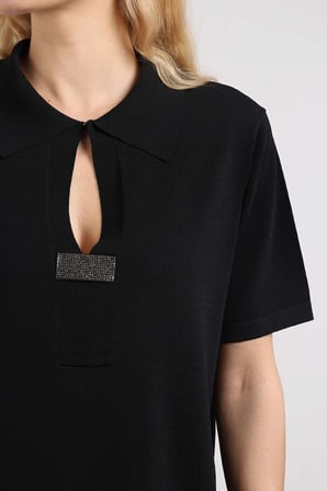 Sempre Kadın Pencere Detaylı Polo Yaka Merserize Bluz 2814 Siyah