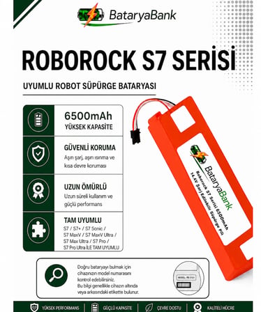 BataryaBank Roborock S7 Serisi Uyumlu Robot Süpürge Bataryası 14.4V 6500mAh Li-ion  (S7 / S7+ / S7 Plus / S7 Sonic / S7 MaxV / S7 MaxV Ultra / S7 Max Ultra / S7 Pro / S7 Pro Ultra)