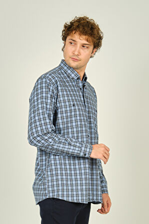 Mugi Erkek Ekoseli Uzun Kollu Çift Cepli %100 Pamuk Gömlek 1001 Mavi