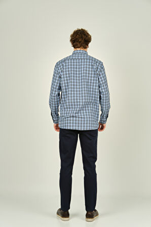 Mugi Erkek Ekoseli Uzun Kollu Çift Cepli %100 Pamuk Gömlek 1001 Mavi