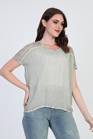 Ella Camelia Kadın Omzu Dantel Detaylı Bluz 5010062 Yeşil