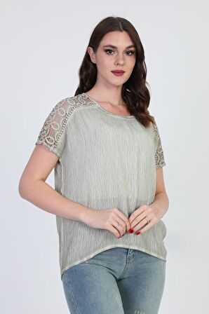 Ella Camelia Kadın Omzu Dantel Detaylı Bluz 5010062 Yeşil