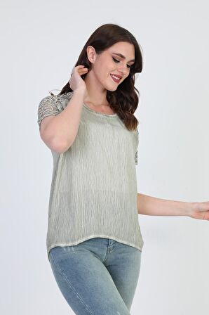 Ella Camelia Kadın Omzu Dantel Detaylı Bluz 5010062 Yeşil