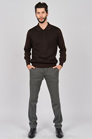 Woolman Erkek Desenli Polo Yaka Yün Kazak 1571033 Kahverengi