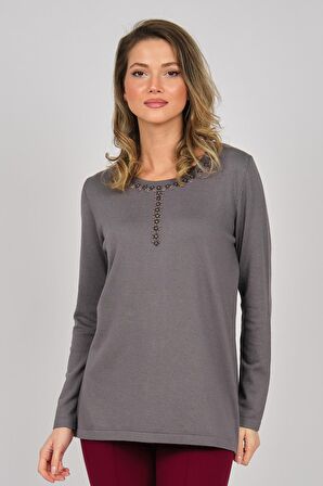 Desen Triko Kadın Yakası Nakış Detaylı Kazak 0249282 Füme