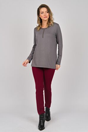 Desen Triko Kadın Yakası Nakış Detaylı Kazak 0249282 Füme