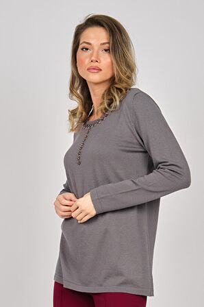 Desen Triko Kadın Yakası Nakış Detaylı Kazak 0249282 Füme