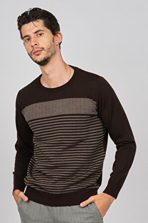 Desen Triko Erkek Bisiklet Yaka Desenli Yün Kazak 0249639 Kahverengi