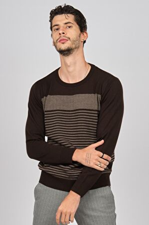 Desen Triko Erkek Bisiklet Yaka Desenli Yün Kazak 0249639 Kahverengi