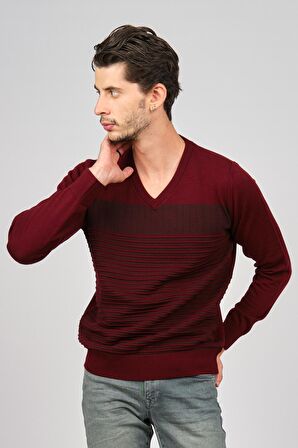 Desen Triko Erkek V Yaka Desenli Yün Kazak 0249640 Bordo