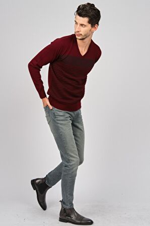 Desen Triko Erkek V Yaka Desenli Yün Kazak 0249640 Bordo