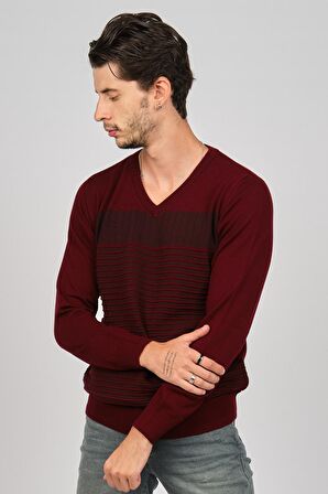 Desen Triko Erkek V Yaka Desenli Yün Kazak 0249640 Bordo