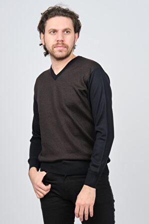 Woolen World Erkek V Yaka Desenli Yün Kazak 5596702 Lacivert