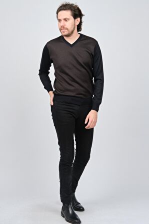Woolen World Erkek V Yaka Desenli Yün Kazak 5596702 Lacivert