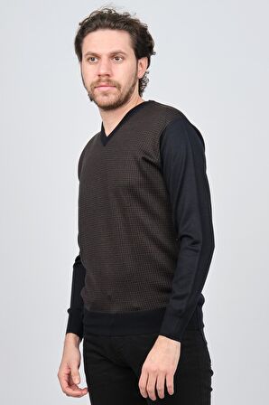 Woolen World Erkek V Yaka Desenli Yün Kazak 5596702 Lacivert