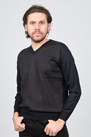 Woolen World Erkek V Yaka Desenli Yün Kazak 5596742 Kahverengi