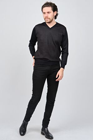 Woolen World Erkek V Yaka Desenli Yün Kazak 5596742 Kahverengi