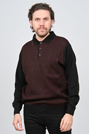 Woolen World Erkek Polo Yaka Desenli Yün Kazak 5596581 Siyah