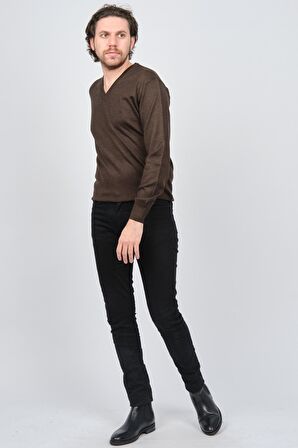 Woolen World Erkek V Yaka Desenli Yün Kazak 5597802 Kahverengi