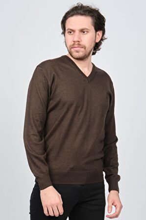 Woolen World Erkek V Yaka Desenli Yün Kazak 5597802 Kahverengi