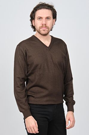 Woolen World Erkek V Yaka Desenli Yün Kazak 5597802 Kahverengi