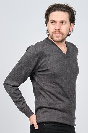 Woolen World Erkek V Yaka Desenli Yün Kazak 5597802 Füme