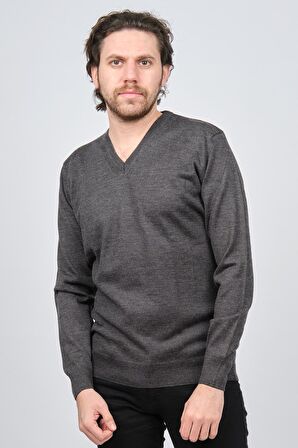 Woolen World Erkek V Yaka Desenli Yün Kazak 5597802 Füme
