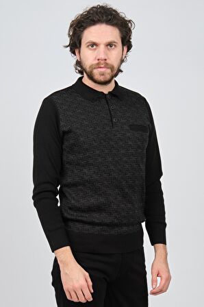 Çizgi Triko Erkek Cep Detaylı Polo Yaka Desenli Kazak 42544230 Siyah