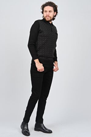 Çizgi Triko Erkek Cep Detaylı Polo Yaka Desenli Kazak 42544230 Siyah