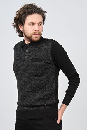 Çizgi Triko Erkek Cep Detaylı Polo Yaka Desenli Kazak 42544230 Siyah