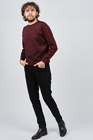 Çizgi Triko Erkek Bisiklet Yaka Desenli Kazak 42554225 Bordo