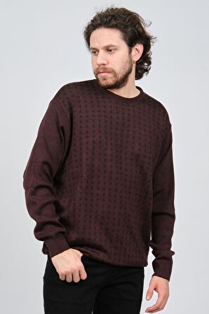 Çizgi Triko Erkek Bisiklet Yaka Desenli Kazak 425554216 Bordo