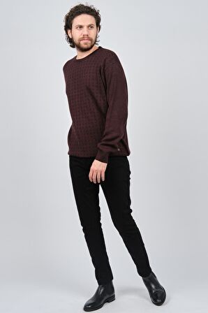 Çizgi Triko Erkek Bisiklet Yaka Desenli Kazak 425554216 Bordo