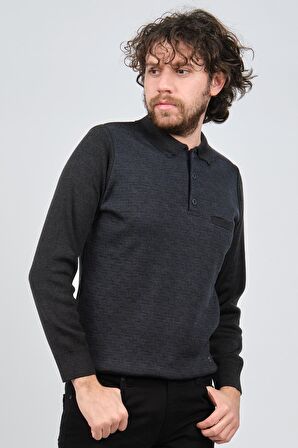 Çizgi Triko Erkek Cep Detaylı Polo Yaka Desenli Kazak 42544230 M.Lacivert