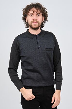 Çizgi Triko Erkek Cep Detaylı Polo Yaka Desenli Kazak 42544230 M.Lacivert