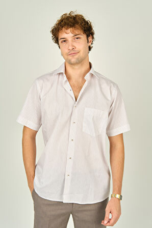 Mugi Erkek Çizgili Tek Cep Detaylı Kısa Kollu %100 Pamuk Gömlek 2003 Kırmızı