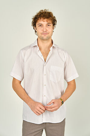 Mugi Erkek Çizgili Tek Cep Detaylı Kısa Kollu %100 Pamuk Gömlek 2003 Kırmızı