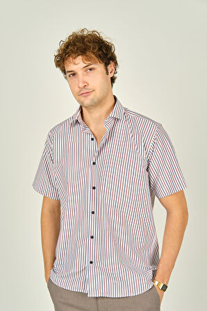 Mugi Erkek Çizgili Tek Cep Detaylı Kısa Kollu Pamuklu Gömlek 2004 Kırmızı