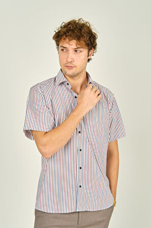 Mugi Erkek Çizgili Tek Cep Detaylı Kısa Kollu Pamuklu Gömlek 2004 Kırmızı