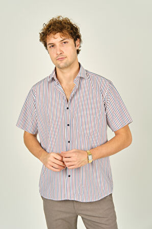 Mugi Erkek Çizgili Tek Cep Detaylı Kısa Kollu Pamuklu Gömlek 2004 Kırmızı