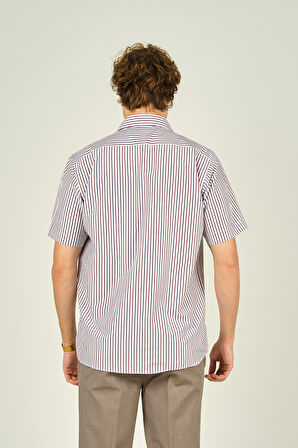 Mugi Erkek Çizgili Tek Cep Detaylı Kısa Kollu Pamuklu Gömlek 2004 Kırmızı