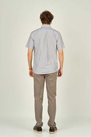 Mugi Erkek Çizgili Tek Cep Detaylı Kısa Kollu Pamuklu Gömlek 2004 Yeşil