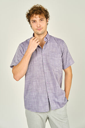 Mugi Erkek Desenli Tek Cepli Kısa Kollu %100 Pamuk Gömlek 3024 Mor