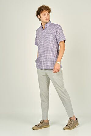 Mugi Erkek Desenli Tek Cepli Kısa Kollu %100 Pamuk Gömlek 3024 Mor